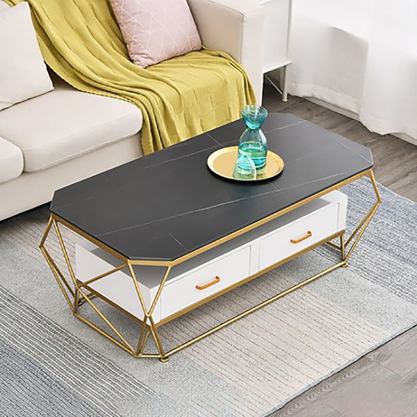 Slate Rectangular Coffee Table Golden Frame Abstract Cocktail Table with Drawer
