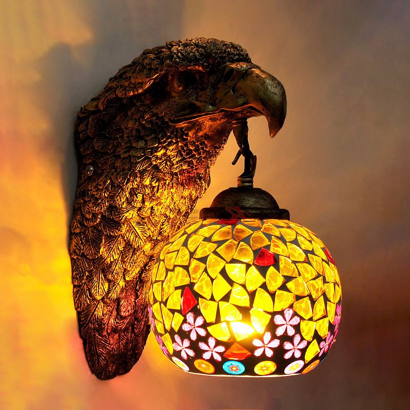 Cut Glass Silver/Beige/Red Wall Mount Lighting Owl Head 1 Light Mediterranean Sconce for Balcony