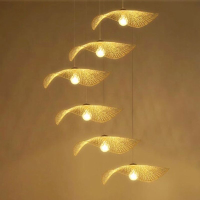 Bamboo Hat Hanging Light Fixture Asia Style Beige Suspension Pendant Light for Restaurant