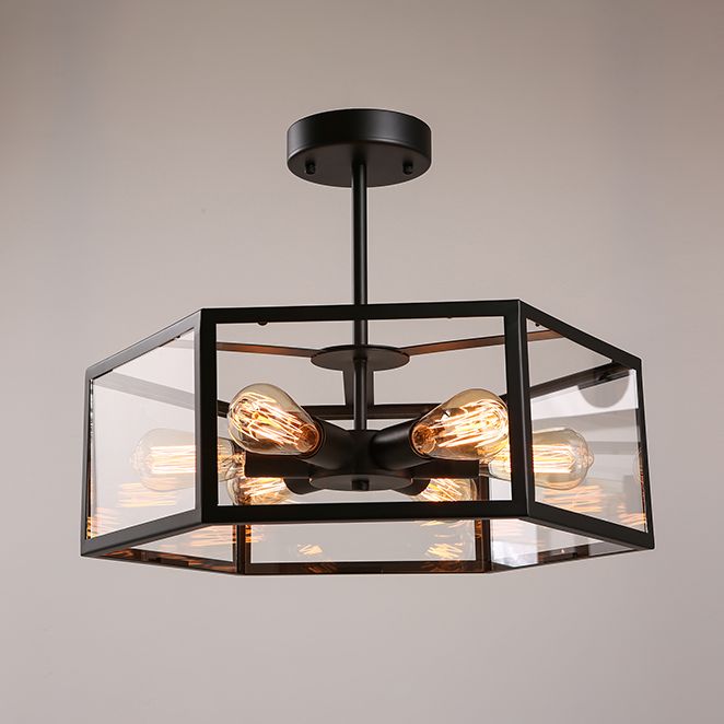 Hexagonal Glass Chandelier Light Fixture Industrial 6 Bulbs Suspension Light in Black