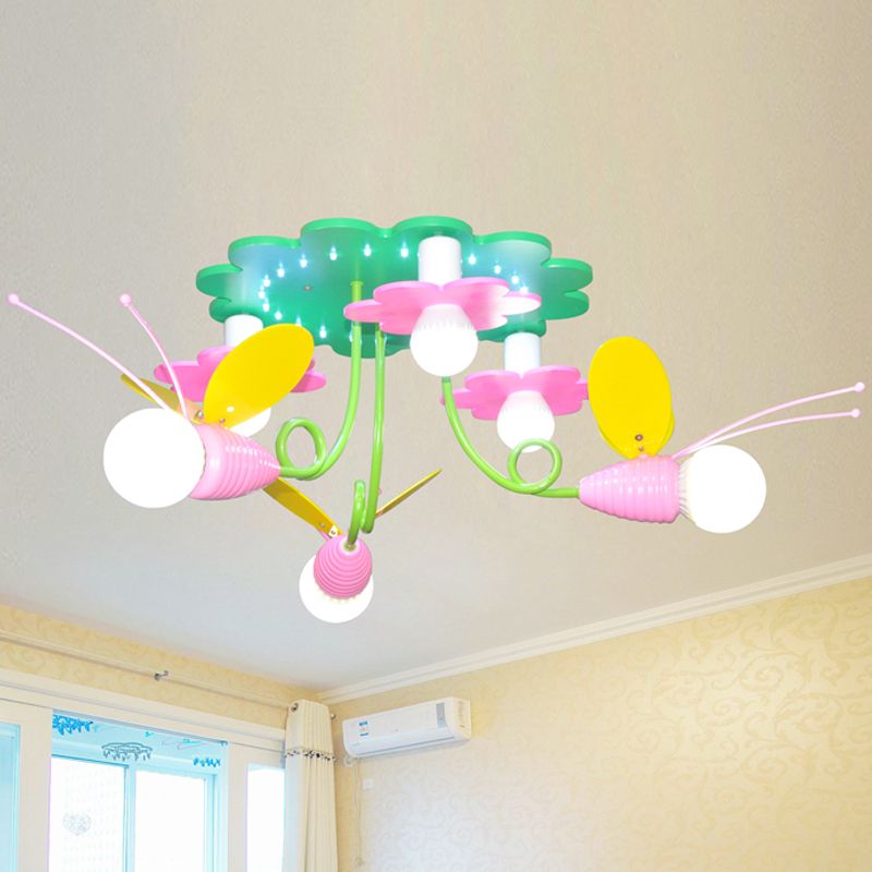 Bee-Like Wood Semi Flush Light Fixture Cartoon 6 Heads Green and Pink Flush Ceiling Lamp