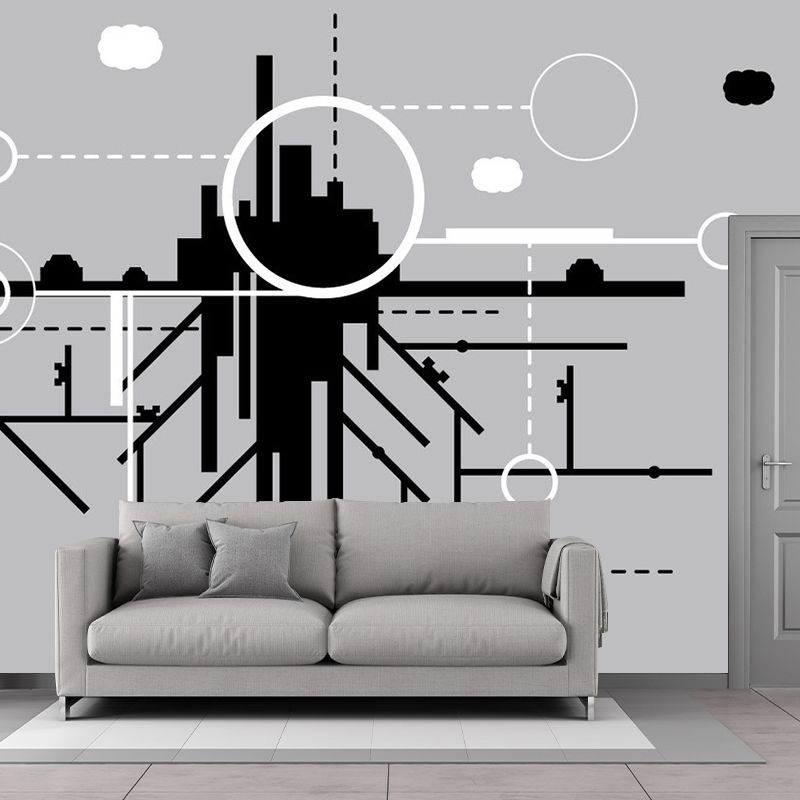 City Construction Wallpaper Murals Minimalist Non-Woven Cloth Wall Art in Black-Grey-White
