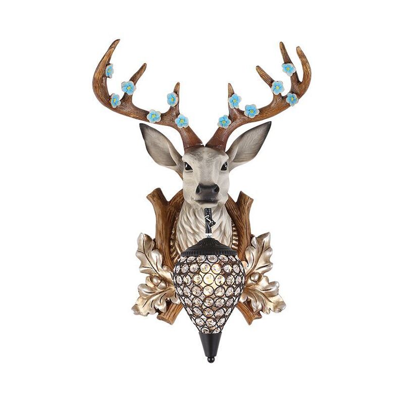 1 Light Vanity Lamp Country Brown / White Resin Sconce Light pour la salle de bain avec une teinte en cristal en larmes