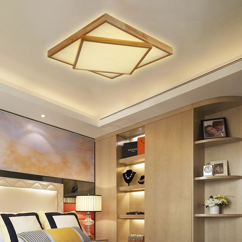 19"/25"/31.5" Wide Modern Square Wood Flush Mount Light LED Ceiling Light Fixture for Bedroom in Warm/White Light