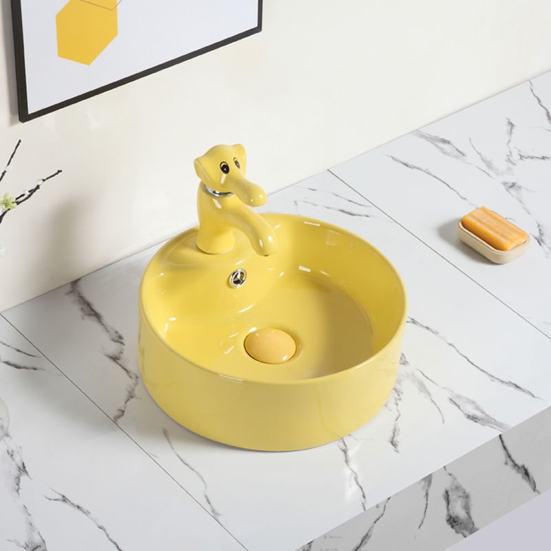 Contemporary Bathroom Sink Pop-Up Drain Porcelain Round Vessel Bathroom Sink