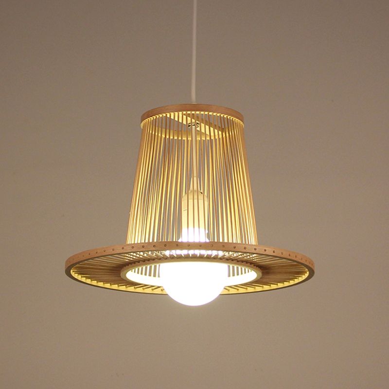 Bamboo Wide Flare Pendant Lighting Chinese 1 Bulb Hanging Light Fixture in Wood for Bedroom