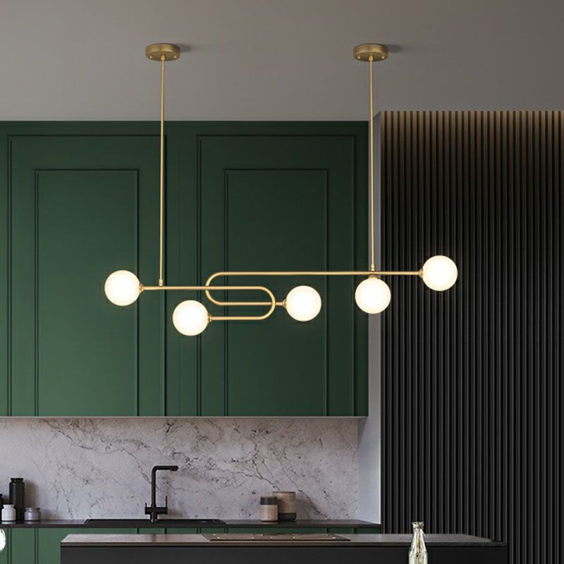Minimalist U-Shaped Suspension Light Metal Dining Room Island Light with Ball Milky Glass Shade in Gold