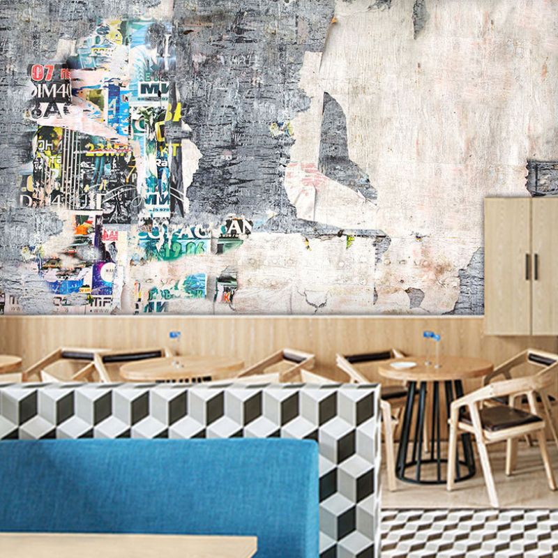 Big Illustration Industrial Mural Wallpaper for Coffee Shop with Cement Wall and Graffiti in Grey