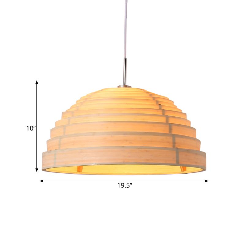 Rippled Hemispherical Hanging Light Minimalist Wood Single Living Room Ceiling Pendant in Beige