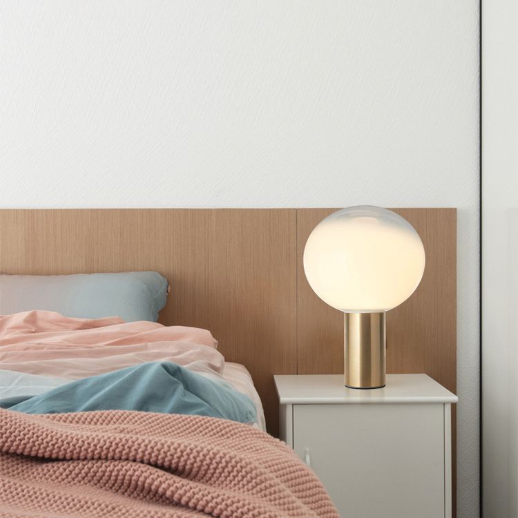 9.8" Wide White Glass Globe Table Lamp Minimalism Cylindrical Gold Metal Base Nightstand Light for Bedroom