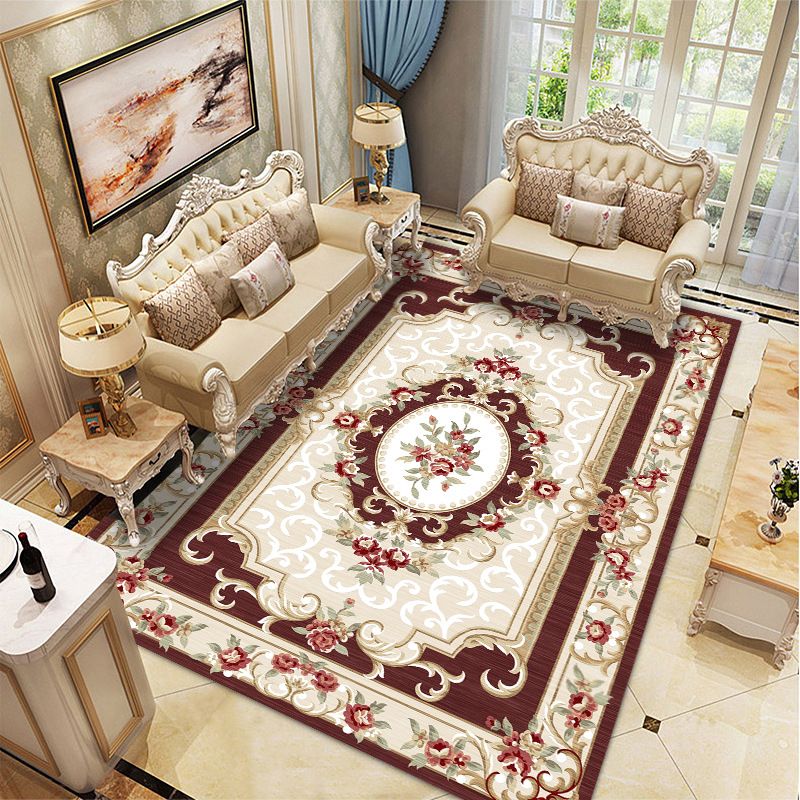 Wine Red Vintage Rug Polyester Medallion Rug Washable Rug for Drawing Room