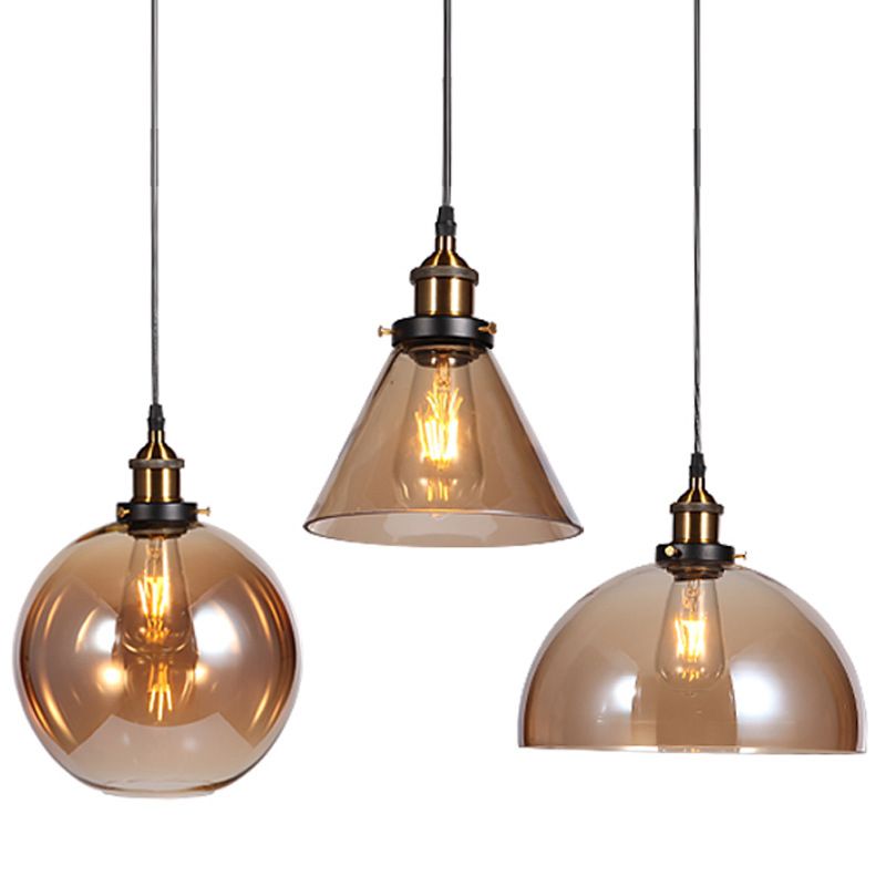 Clear Glass Shade Hanging Ceiling Light Industrial Vintage Brass 1 Light Restaurant Down Lighting