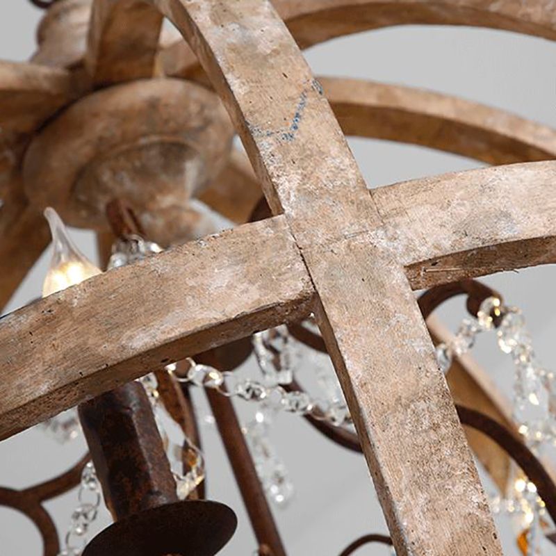 French Retro Chandelier Wood Crystal Pendant Light Fixture for Bedroom Living Room
