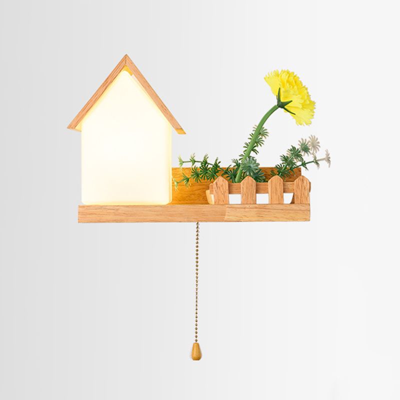 Modern Style House Shade Wall Light Wood 1 Light Sconces for Bedroom without Plant
