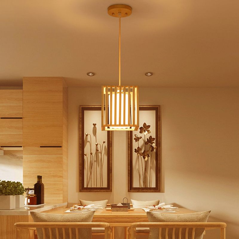 Rectangle Island Pendant Asian Wood Pendant Lighting in Natural Wood