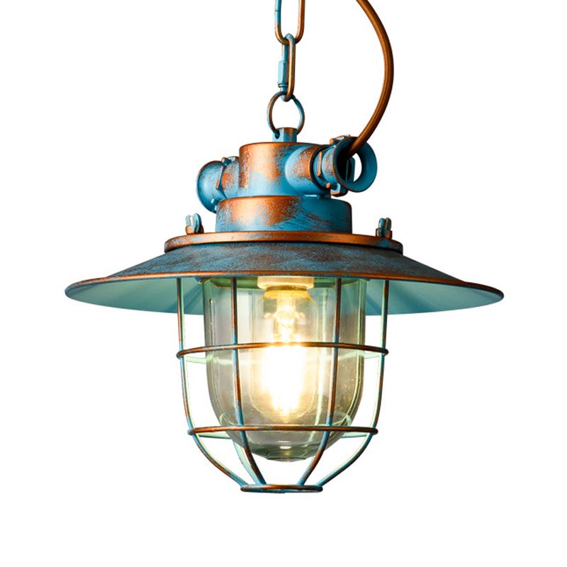 White/Blue 1 Light Pendant Lamp Industrial Metal Wide Flare Hanging Light with Cage
