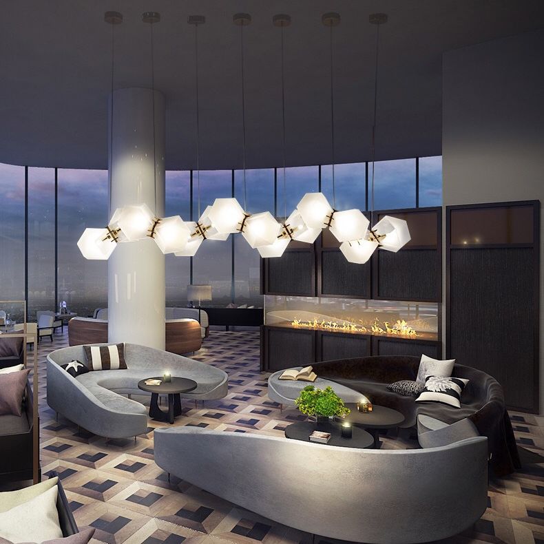 Post-modern DNA Structure Suspension Lamp Frosted Glass 8-Bulb Dinner Island Light in Gold