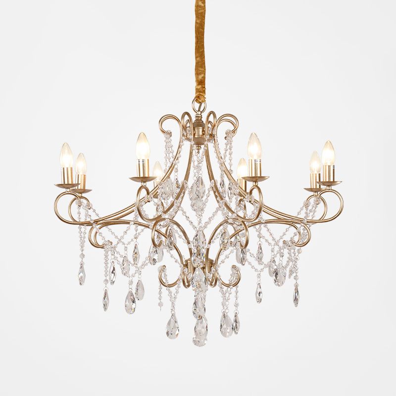 Gold Finish Ceiling Hang Light Vintage Metal Candlestick Chandelier with Crystal Strand