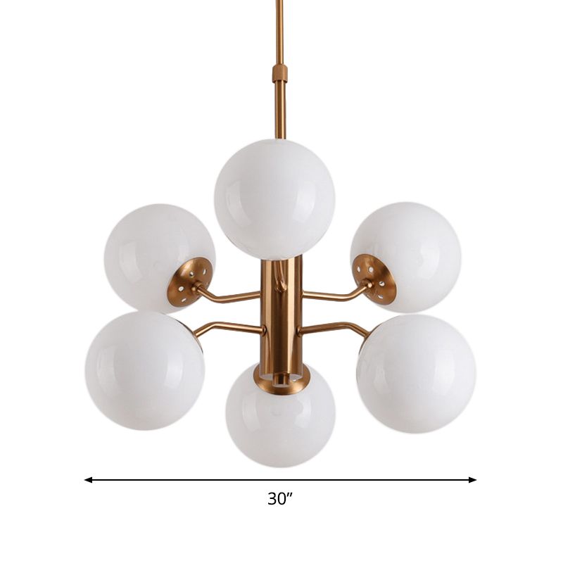 Milky Glass Ball Ceiling Chandelier Contemporary 6 Heads Suspended Lighting Fixture in Gold