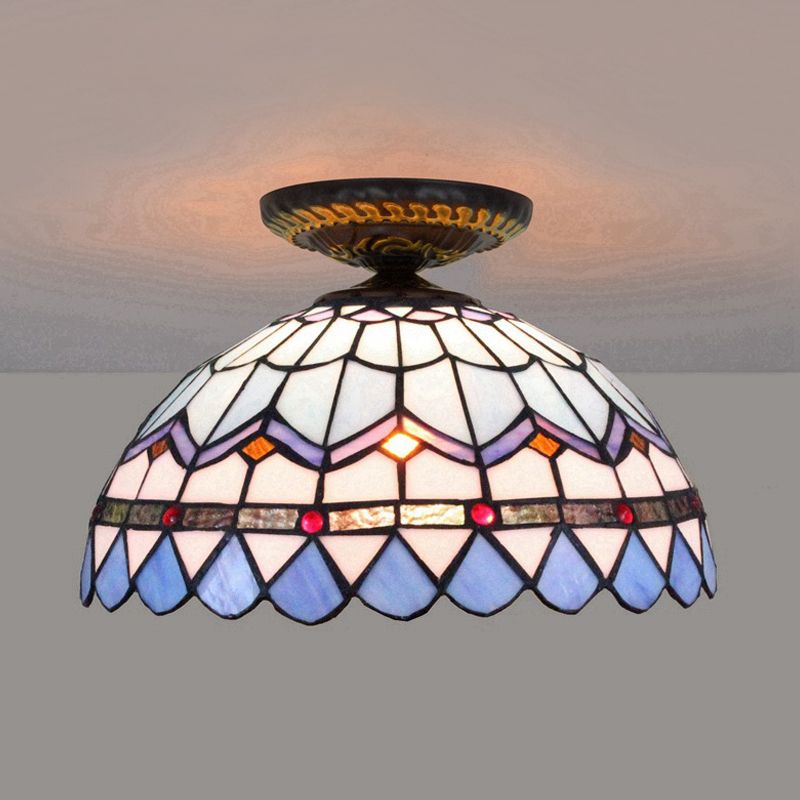 Yellow/Blue 1 Bulb Flush Mount Lighting Tiffany Hand Rolled Art Glass Floral Close to Ceiling Light, 12"/16" W