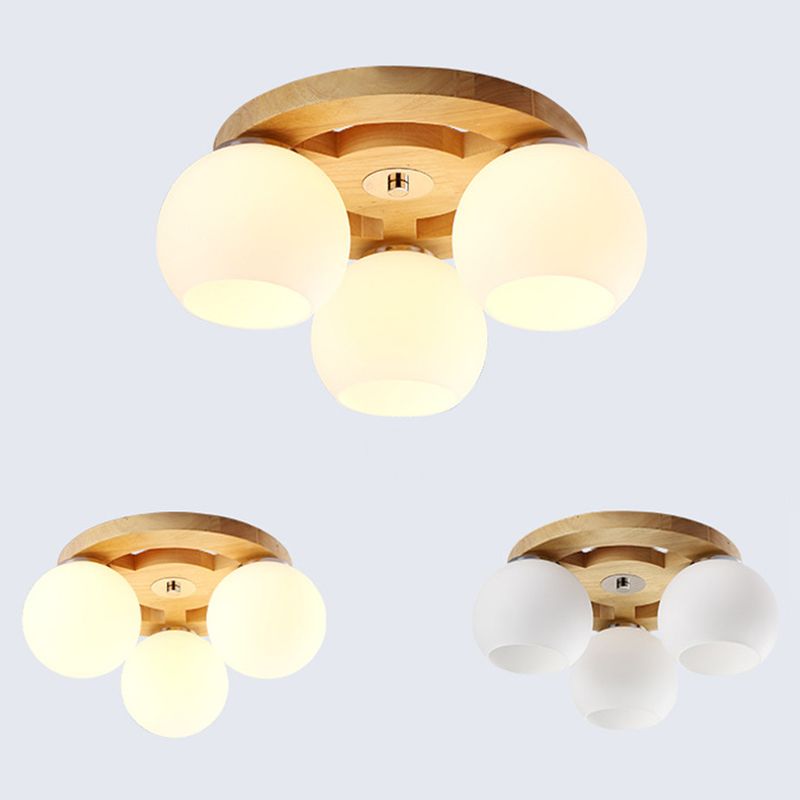 Melkachtige Glas Dome Flush Licht Eenvoud Houten Plafond Mount Verlichting voor Woonkamer