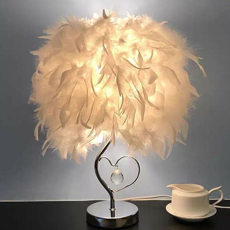 Minimalistic 1 Head Nightstand Lamp Cylindrical Table Light with Feather Shade for Bedroom