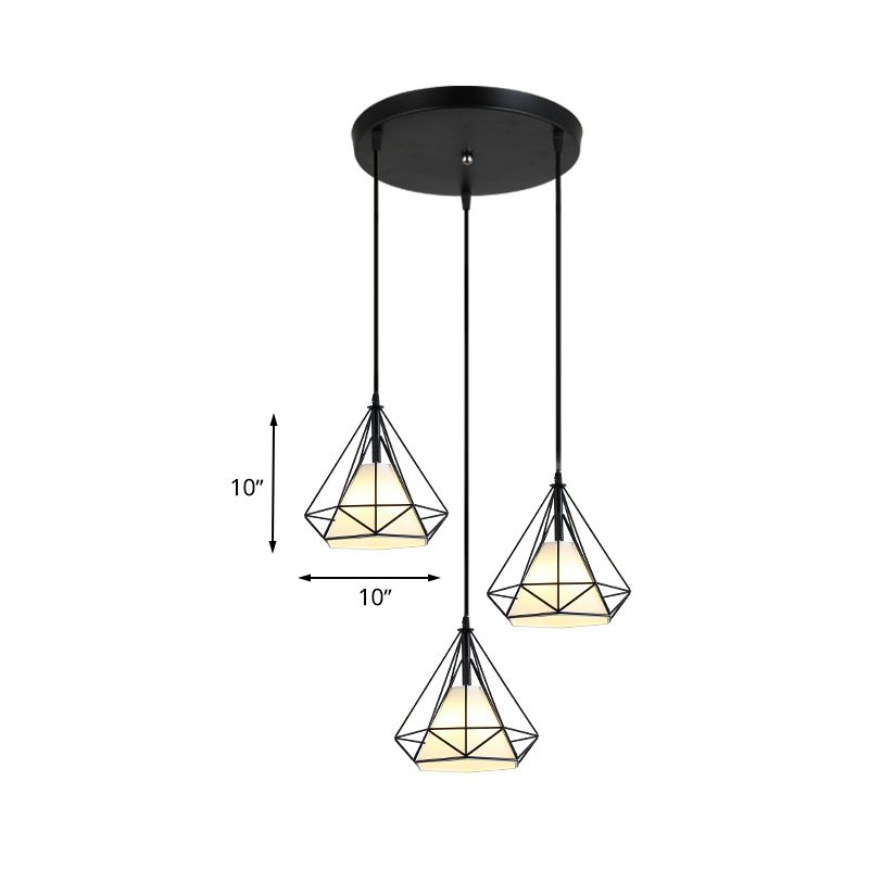 3 Heads Hanging Pendant Light with Diamond Cage Shade Metal Industrial Dining Room Ceiling Lamp in Black
