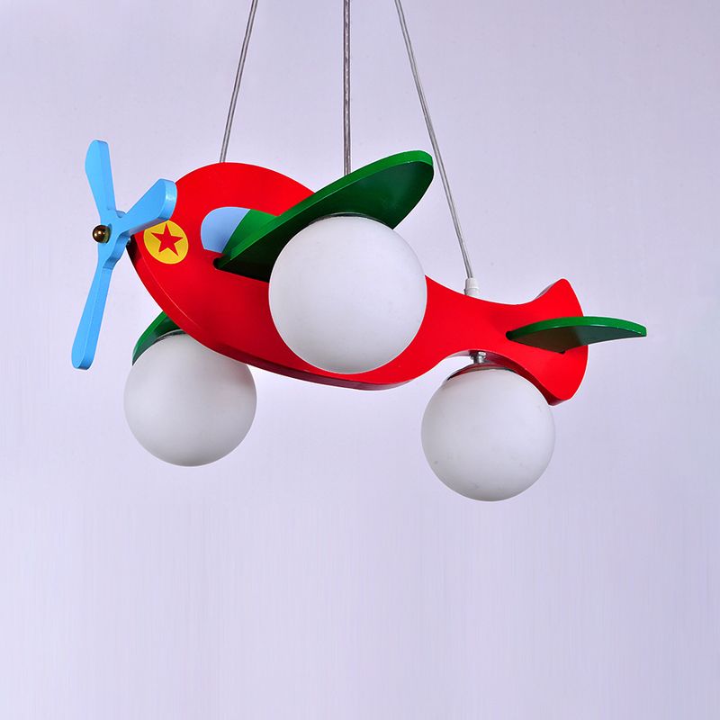 Aircraft Shaped Nursery LED Lighting Fixture Wood Modern Chandelier Light with Cream Glass Shade