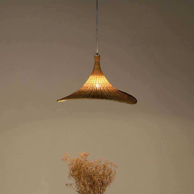 Bambú de colgante de colección de forma de sombrero contemporáneo 16 "/19.5" W 1 Lámpara colgante de interior de luz en beige