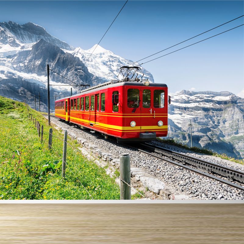 Onrushing Train Mural Decal Light Color Industrial Wall Covering for Living Room