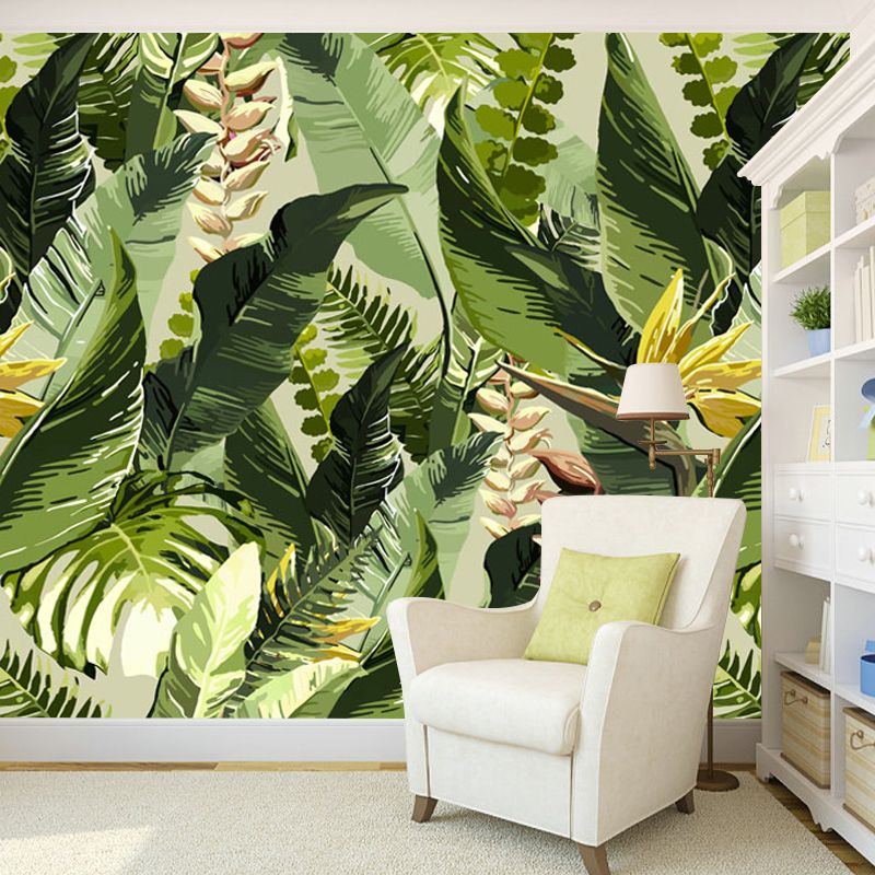 Tropical Leaves Wall Covering in Green, Fresh Mural Wallpaper for Thai Restaurant