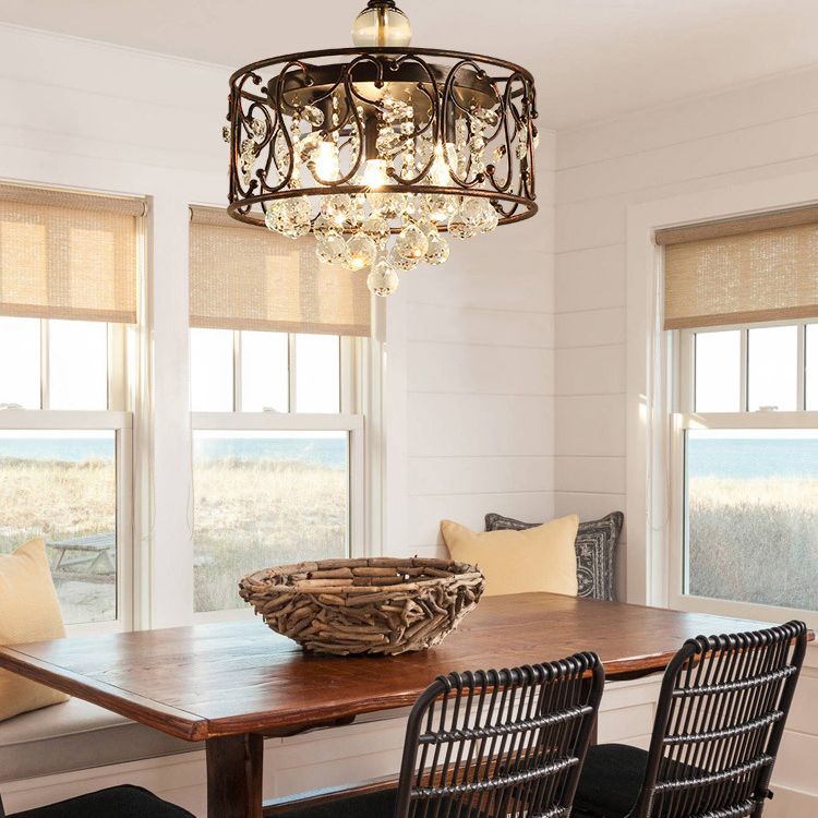 3-Lights Drum Ceiling Light with Romantic Crystal Drops Design Wrought Iron Semi Flush-mount Lighting Fixture in Rust