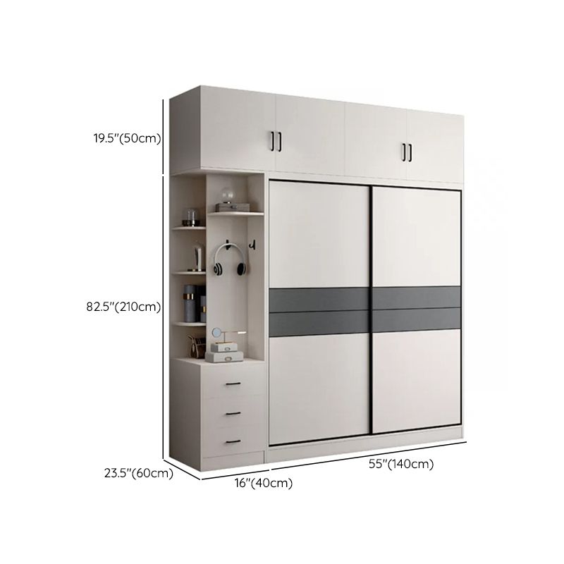 Sliding 2-Door Wood Wardrobe Cabinet Modern Freestanding Wardrobe Armoire with 2 Drawers