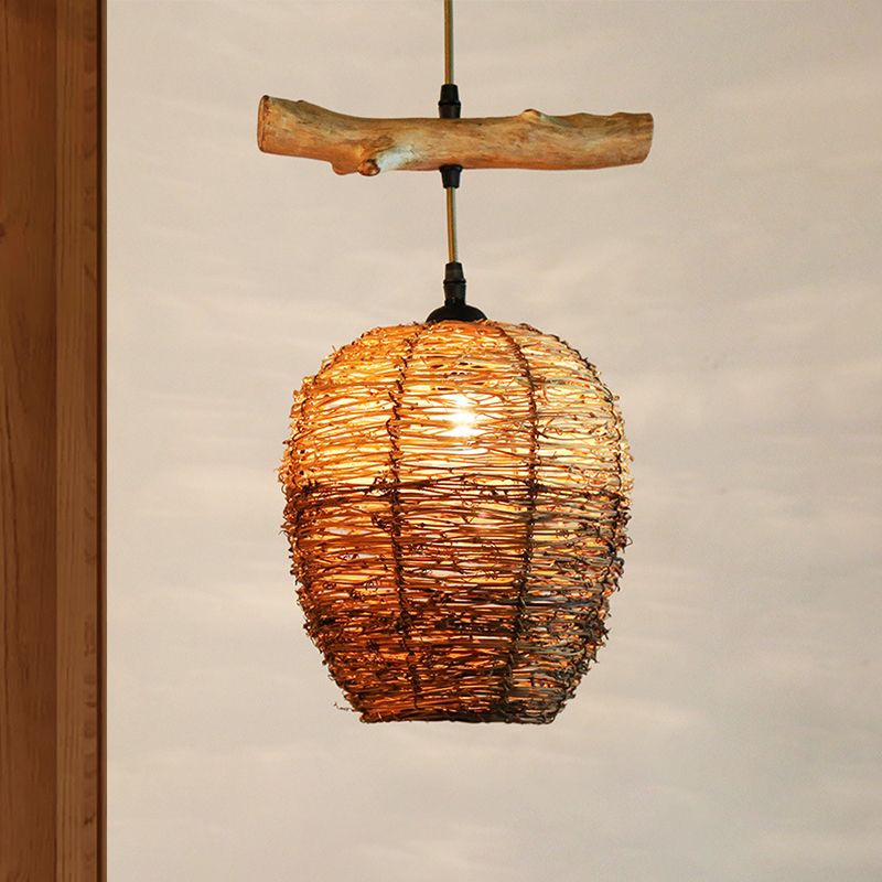 1 Head Restaurant Anhänger Lamp Asia Flaxen Hanging Deckenleuchte mit Urnen Rattan Schatten