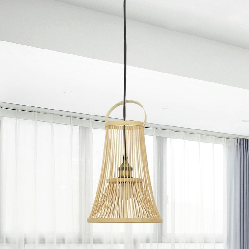 Bamboo Trumpet Shade Hanging Light Asian Style 1 Bulbe Bulbe Bégeau de plafond Plafond avec poignée arquée