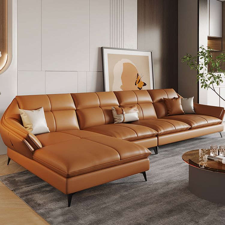 Contemporary Sectional Sofa Orange Genuine Leather Sectional