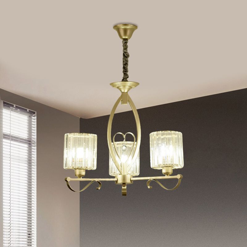 Crystal Cylindrical Suspension Light Traditional 3/6 Heads Sitting Room Chandelier Pendant Lamp in Gold
