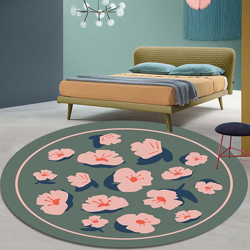 Fresh Modern Round Rug Simplicity Floral Print Rug Polyester Non-Slip Backing Rug for Home Decor