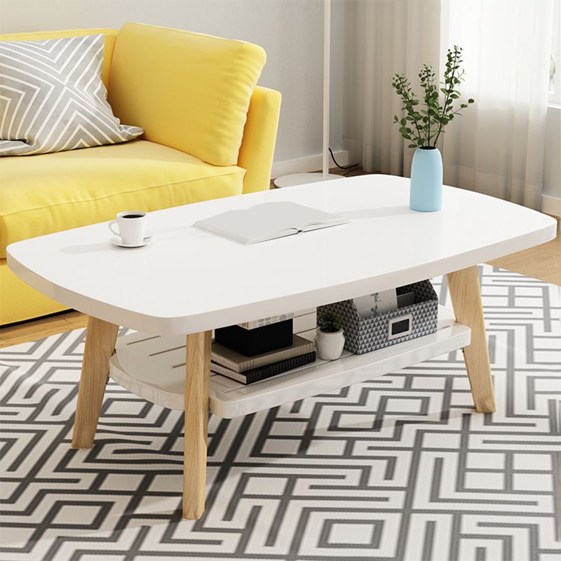 Nordic Style Rectangular 4 Legs Base Solid Wood Table with Storage Rack Coffee Table