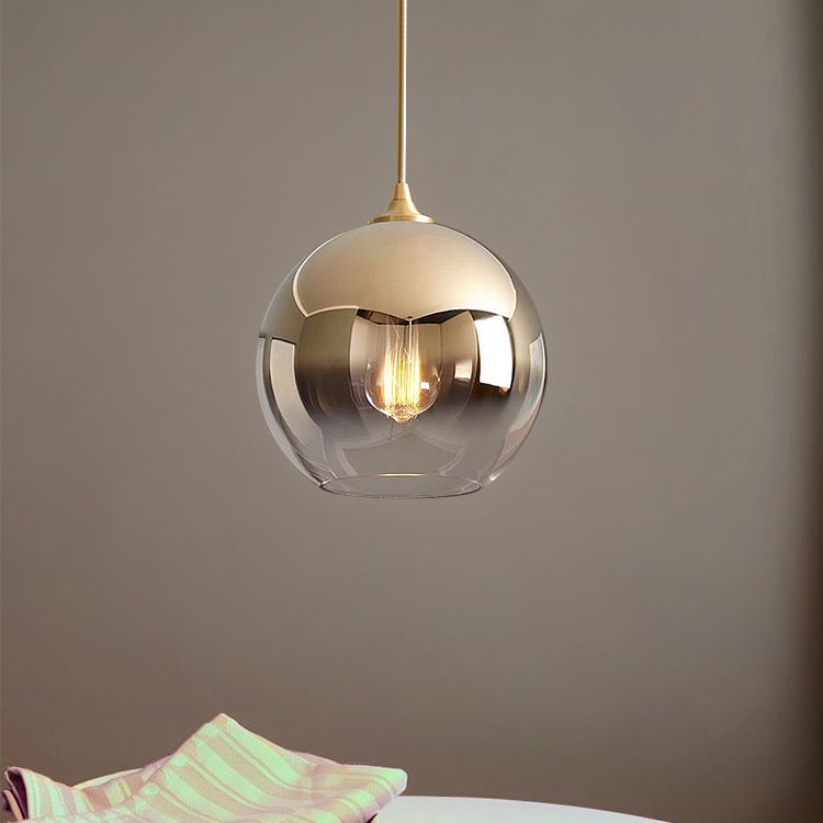 Gold 1 Light Pendant Light Mid-Century Modern Spherical Smoke Glass Living Room Hanging Lamp