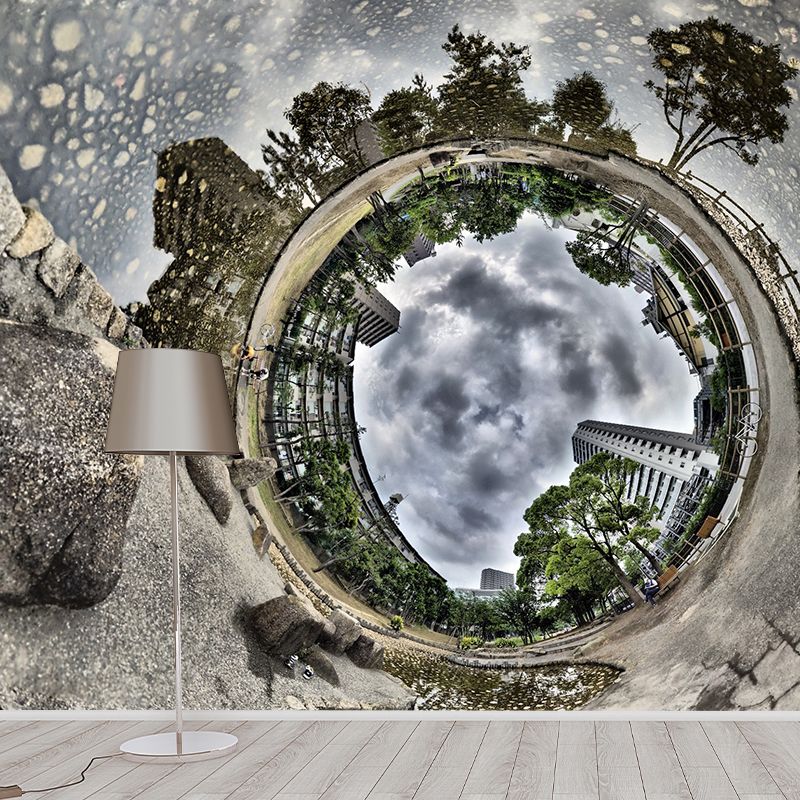 Well to Future City Mural Brown Modern Style Wall Art for Living Room, Made to Measure