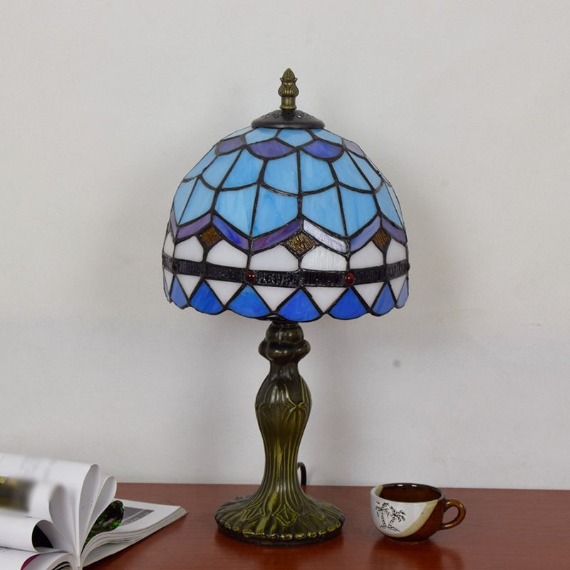 1 Bulb Table Lamp Mediterranean Dome Gridded Glass Nightstand Light in Blue for Living Room