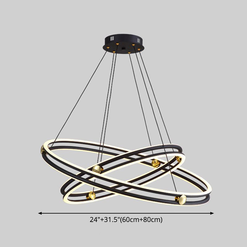 Hollow Ring Shape Hanging Chandelier Light Modern Multi Tiered Black Pendant Lamp with Frosted Silicone Shade