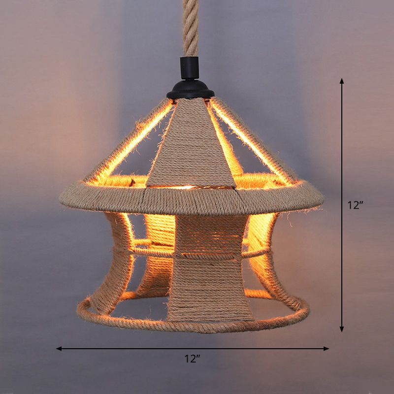 Single Cage Shade Pendulum Light Country Style Wood Rope Suspension Light for Restaurant