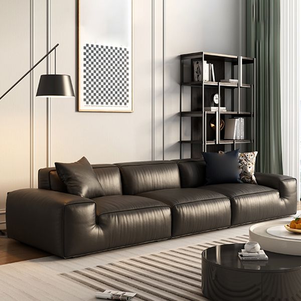 Contemporary Stain Resistant Genuine Leather Square Arm Sofa in Black