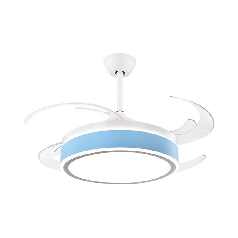 Metal Round Hanging Fan Light Simple Modern 4 Blades LED Semi Flush Mounted Lamp in Grey/Pink/Blue for Dining Room, 47" Wide