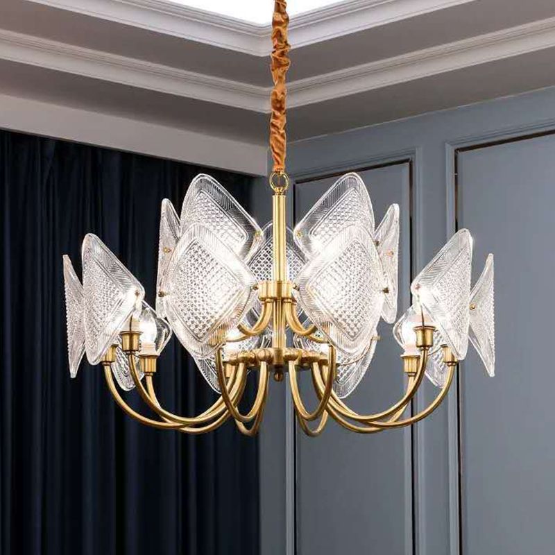 Rombus Sala de estar Candelier de vidrio de cuadrícula posmoderna 15/12/18 Bulbos de latón Suspension Luz de colgante