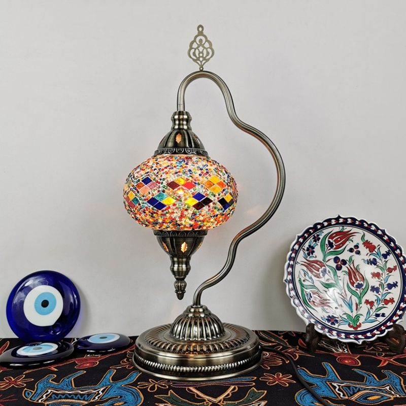 Stained Art Glass Globe Table Lamp Art Deco 1 Head Restaurant Night Light with Curvy Arm in White/Red/Yellow