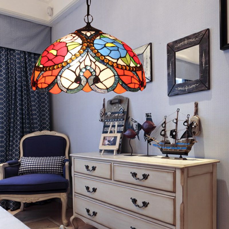 Victorian Bowl Pendant lampe 3 têtes Black Tached Art Glass Plafond Plafonnement de suspension avec / sans chaîne de traction