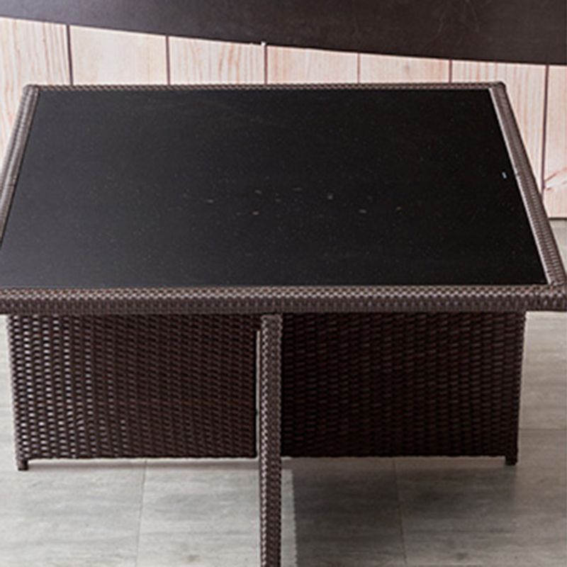 Rattan Dining Table Set with Black Tempered Glass Table for Courtyard